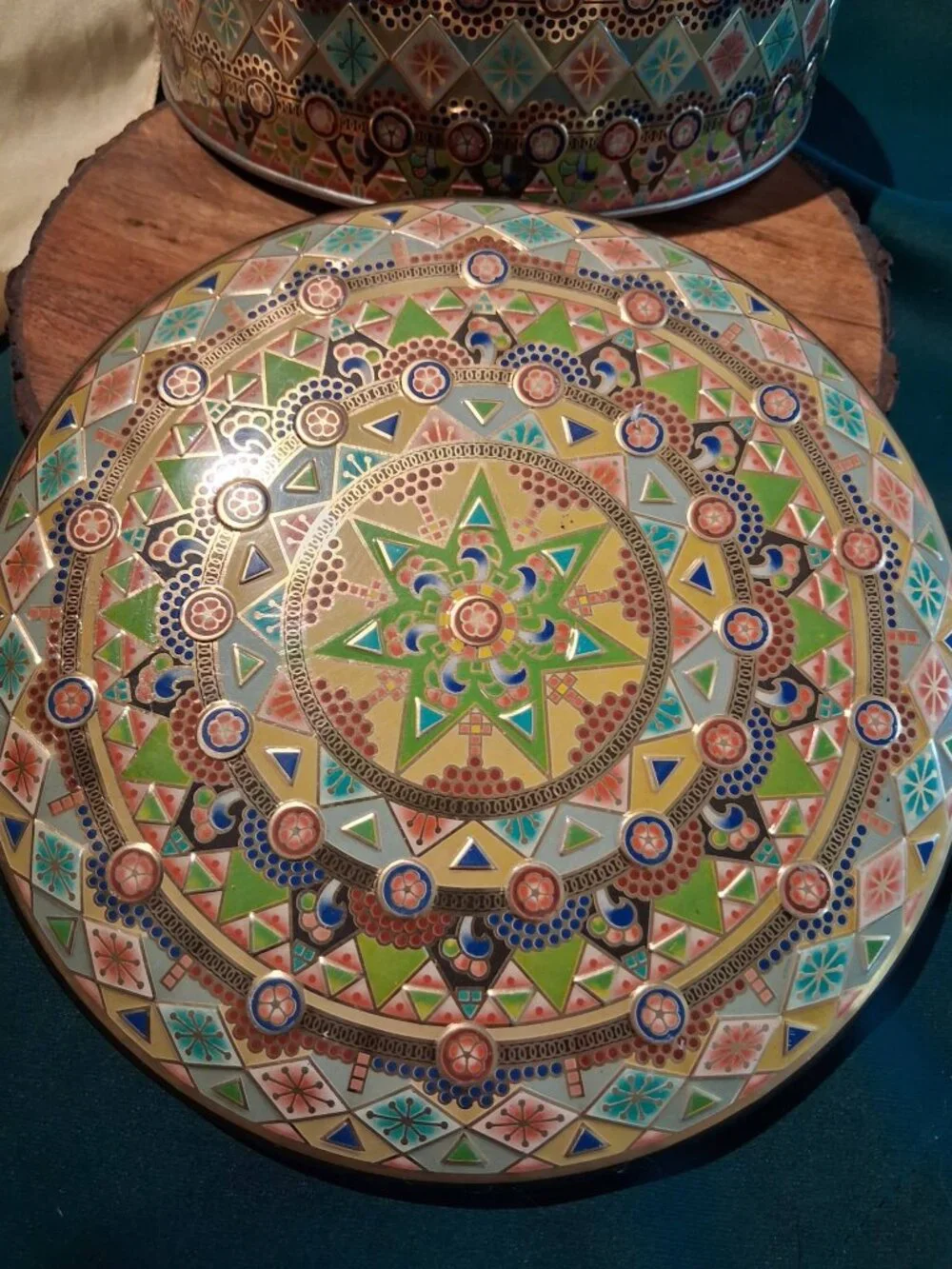 Vintage Tin, Mandala Star, Boho Decor, Litho Biscuit Tin, and Trinket Storage